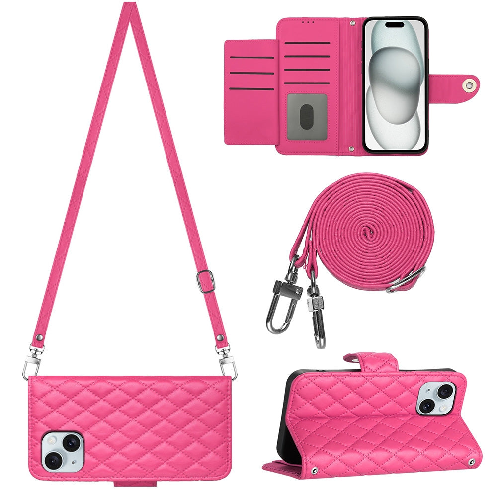 ELECTROPRIME For iPhone 15 Rhombic Texture Flip Leather Phone Case with Long Lanyard(Rose Red)