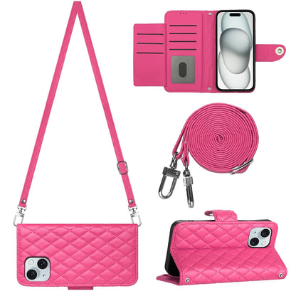 ELECTROPRIME For iPhone 15 Rhombic Texture Flip Leather Phone Case with Long Lanyard(Rose Red)