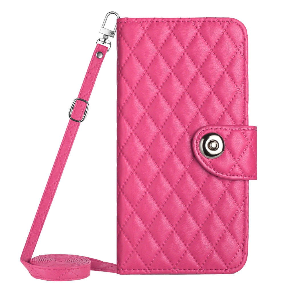 ELECTROPRIME For iPhone 15 Rhombic Texture Flip Leather Phone Case with Long Lanyard(Rose Red)