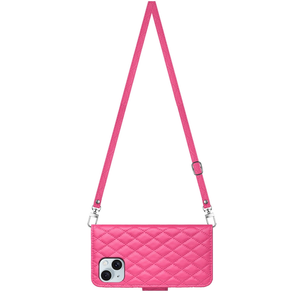 ELECTROPRIME For iPhone 15 Rhombic Texture Flip Leather Phone Case with Long Lanyard(Rose Red)