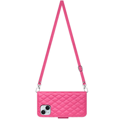 ELECTROPRIME For iPhone 15 Rhombic Texture Flip Leather Phone Case with Long Lanyard(Rose Red)