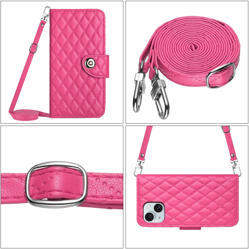 ELECTROPRIME For iPhone 15 Rhombic Texture Flip Leather Phone Case with Long Lanyard(Rose Red)