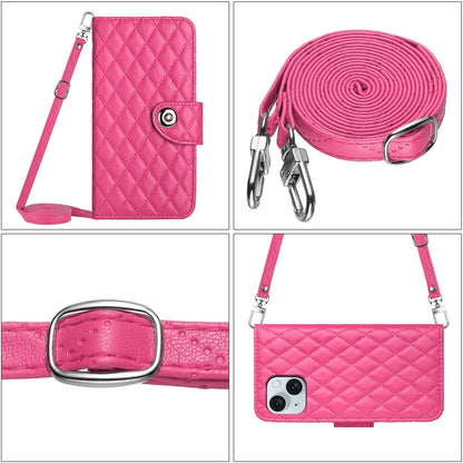 ELECTROPRIME For iPhone 15 Rhombic Texture Flip Leather Phone Case with Long Lanyard(Rose Red)