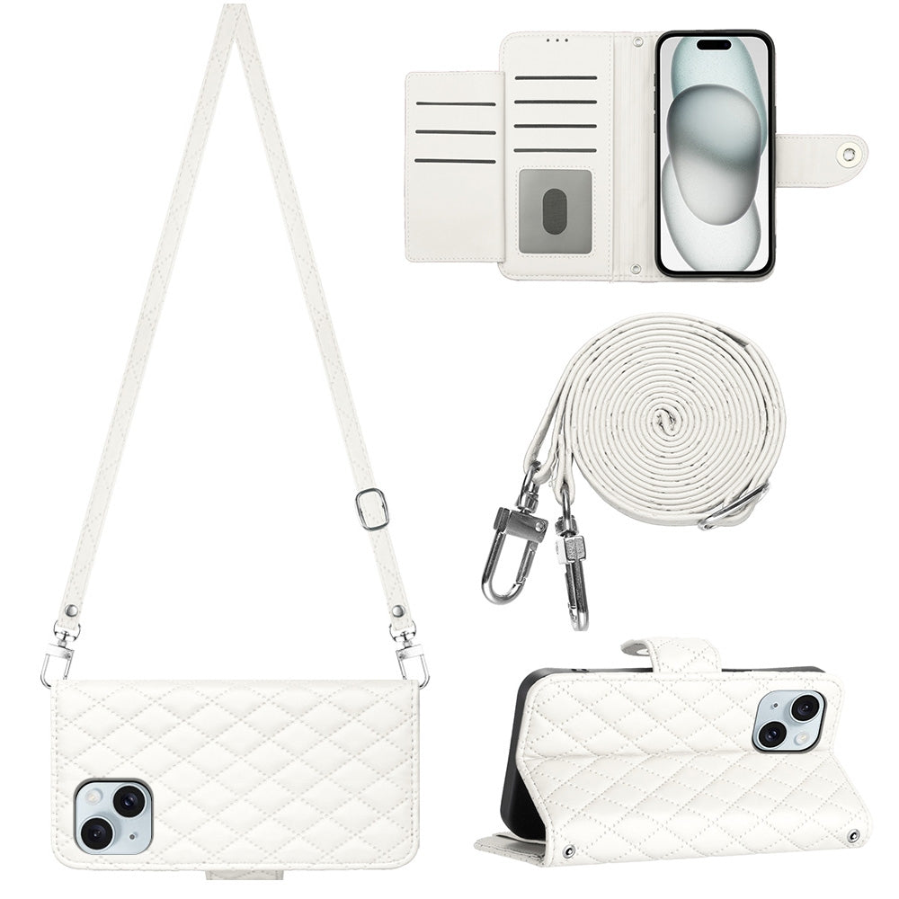 ELECTROPRIME For iPhone 15 Rhombic Texture Flip Leather Phone Case with Long Lanyard(White)