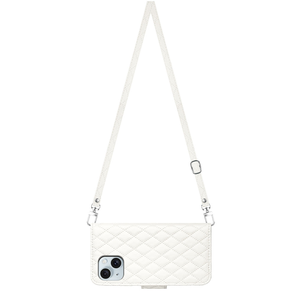 ELECTROPRIME For iPhone 15 Rhombic Texture Flip Leather Phone Case with Long Lanyard(White)