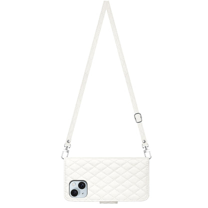 ELECTROPRIME For iPhone 15 Rhombic Texture Flip Leather Phone Case with Long Lanyard(White)
