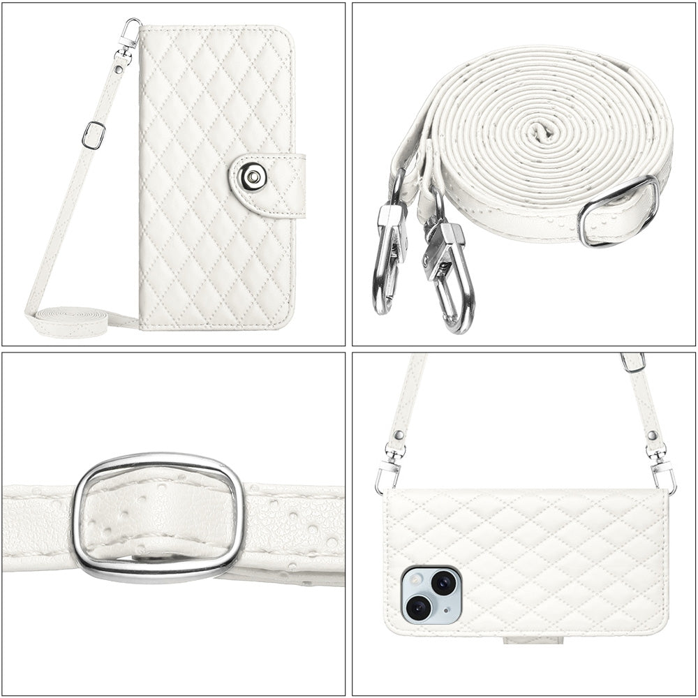 ELECTROPRIME For iPhone 15 Rhombic Texture Flip Leather Phone Case with Long Lanyard(White)
