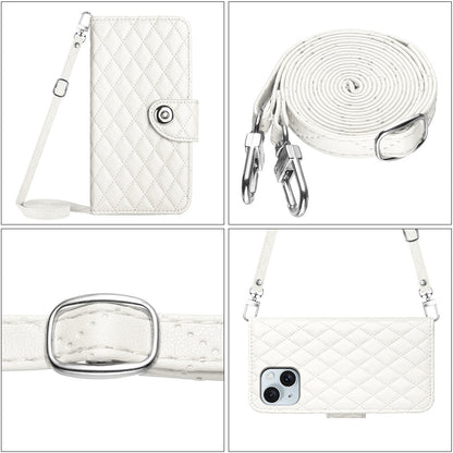ELECTROPRIME For iPhone 15 Rhombic Texture Flip Leather Phone Case with Long Lanyard(White)