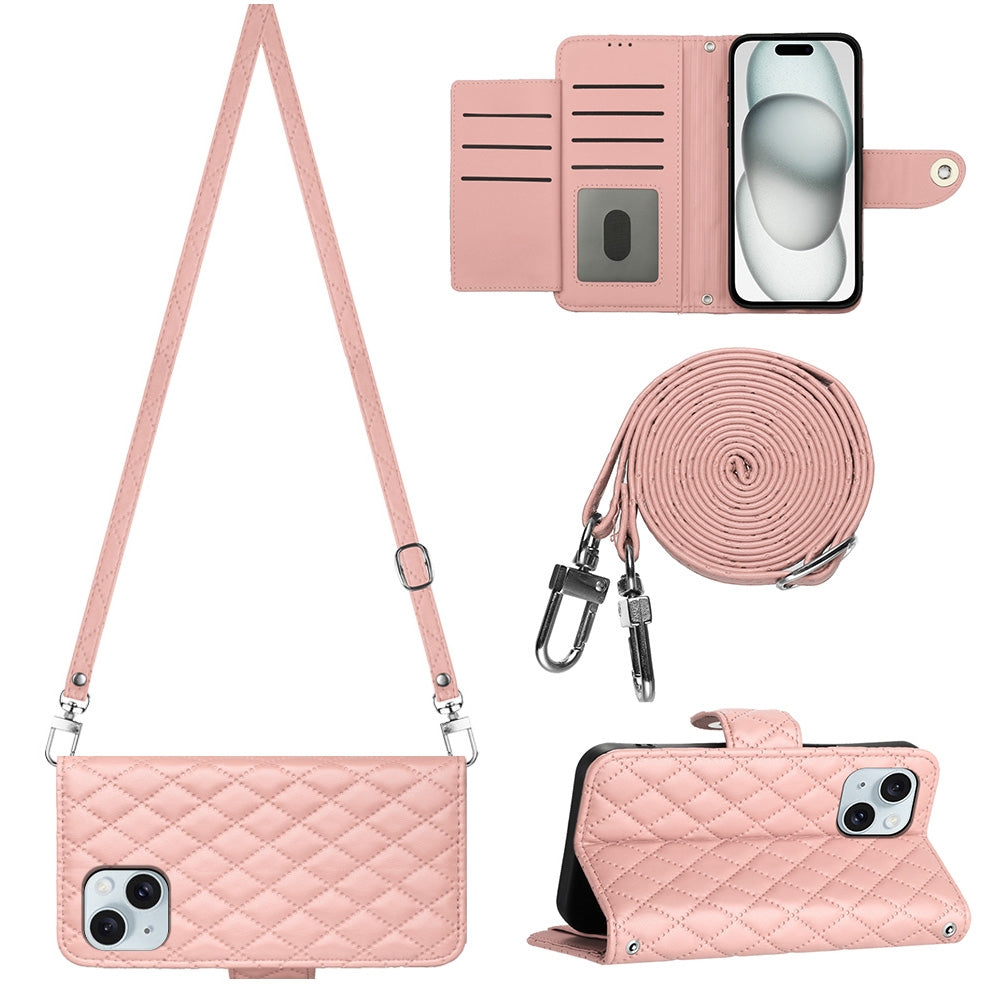 ELECTROPRIME For iPhone 15 Rhombic Texture Flip Leather Phone Case with Long Lanyard(Coral Pink)