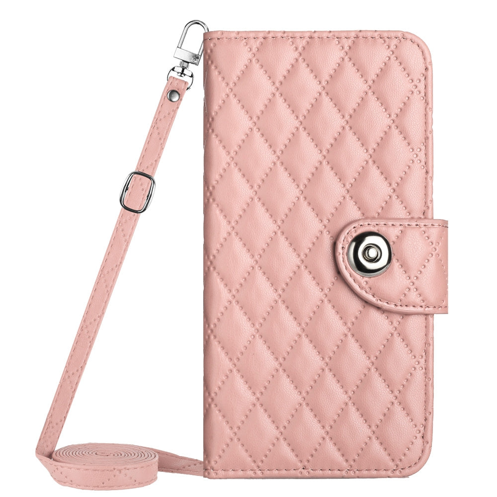 ELECTROPRIME For iPhone 15 Rhombic Texture Flip Leather Phone Case with Long Lanyard(Coral Pink)