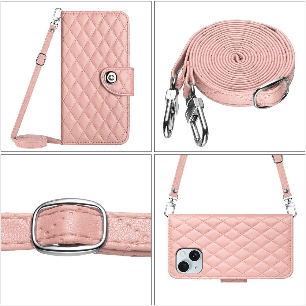 ELECTROPRIME For iPhone 15 Rhombic Texture Flip Leather Phone Case with Long Lanyard(Coral Pink)
