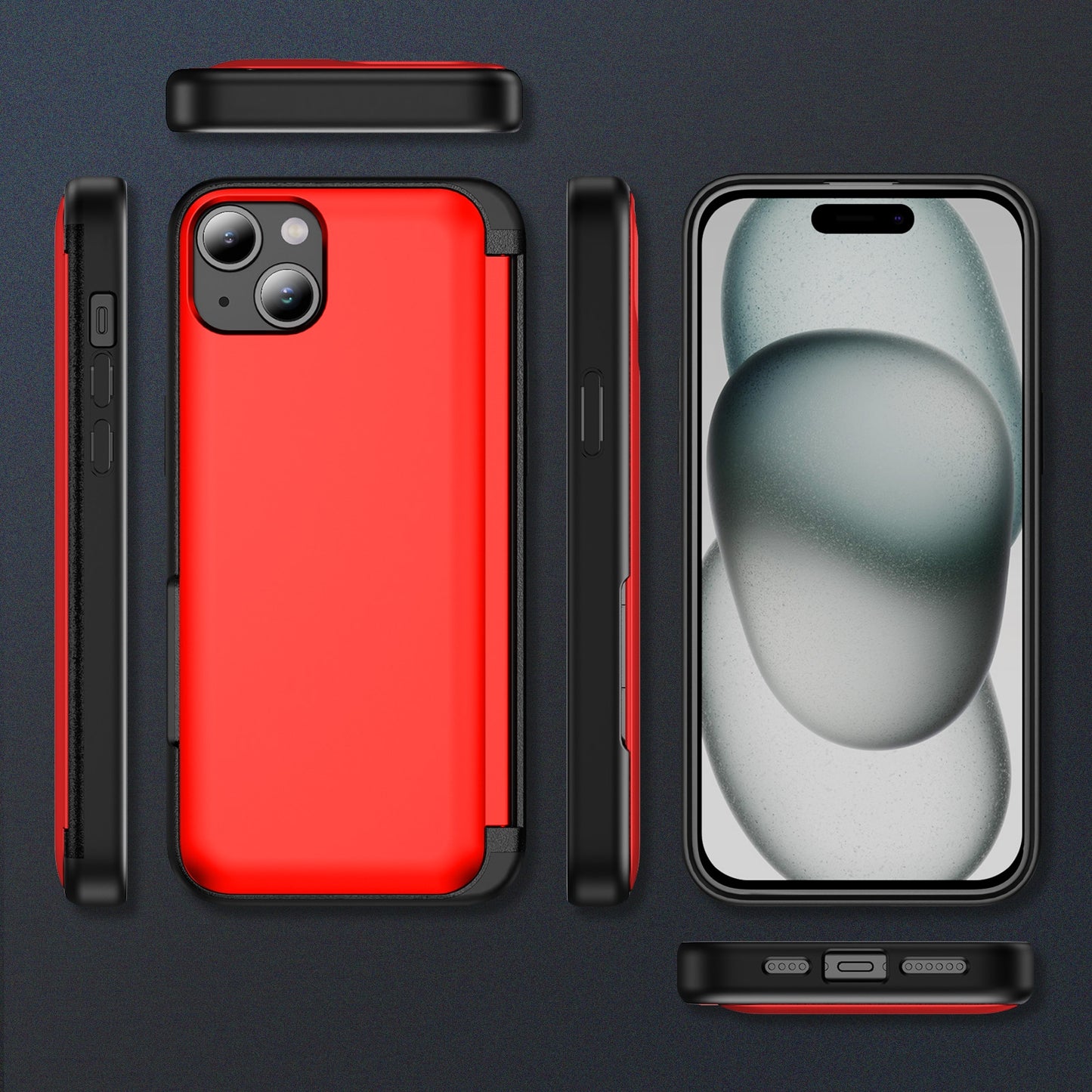 ELECTROPRIME For iPhone 15 3 in 1 Flip Holder Phone Case(Red)