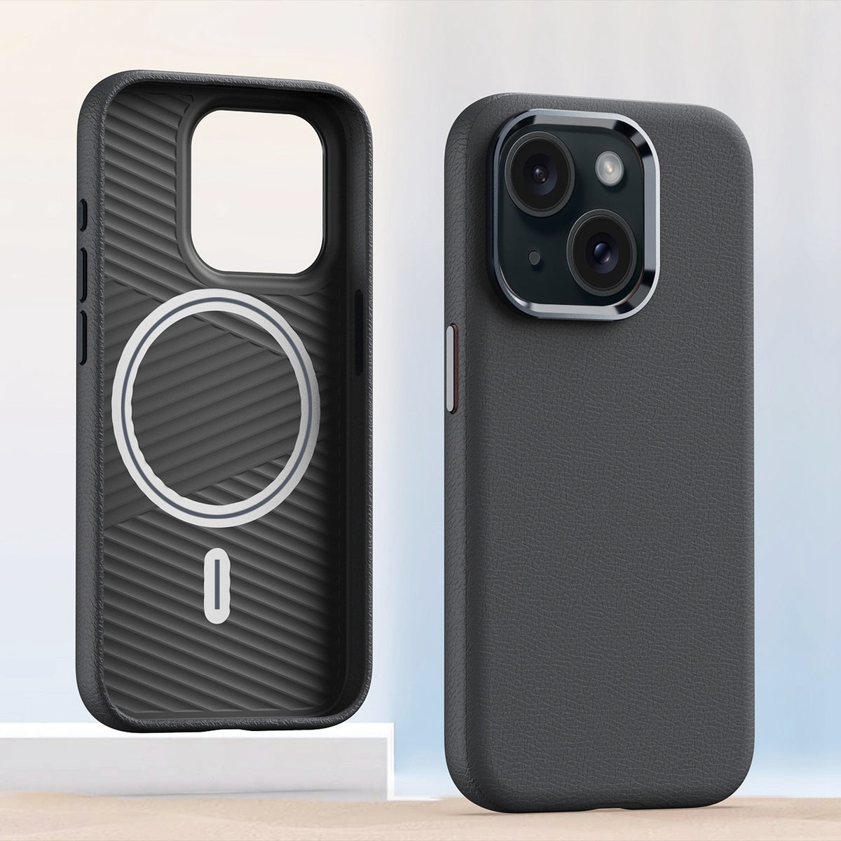 ELECTROPRIME For iPhone 15 Plus Metal Lens Frame Leather Magsafe Full Coverage Shockproof Phone Case(Grey)