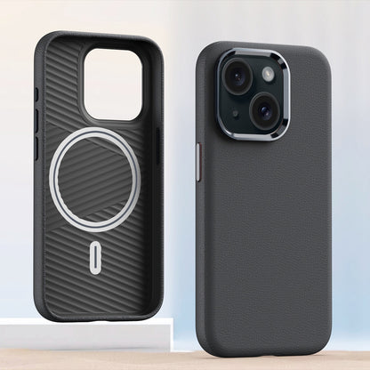 ELECTROPRIME For iPhone 15 Plus Metal Lens Frame Leather Magsafe Full Coverage Shockproof Phone Case(Grey)