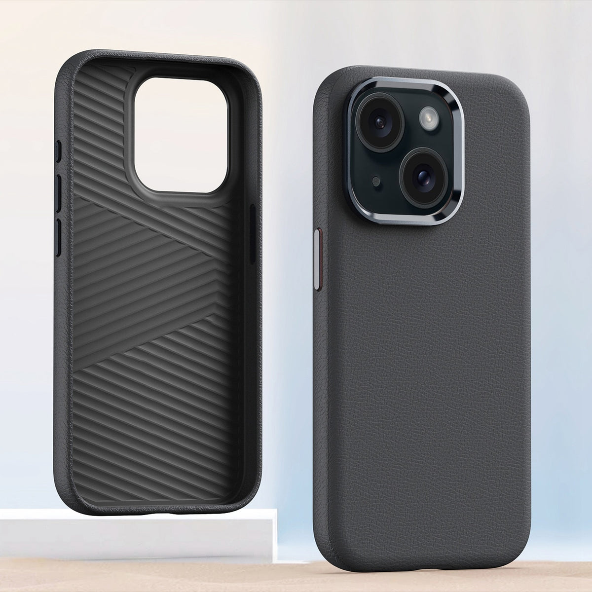 ELECTROPRIME For iPhone 15 Plus Metal Lens Frame Leather Full Coverage Shockproof Phone Case(Grey)