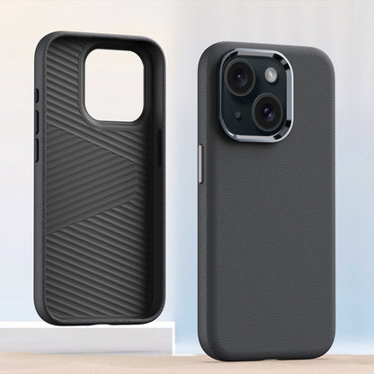 ELECTROPRIME For iPhone 15 Plus Metal Lens Frame Leather Full Coverage Shockproof Phone Case(Grey)