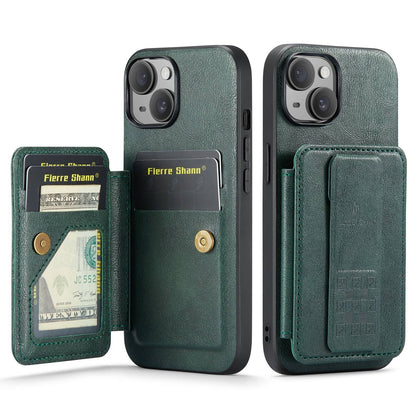 ELECTROPRIME For iPhone 15 Plus Fierre Shann Oil Wax Cow Leather Card Holder Back Phone Case(Green)