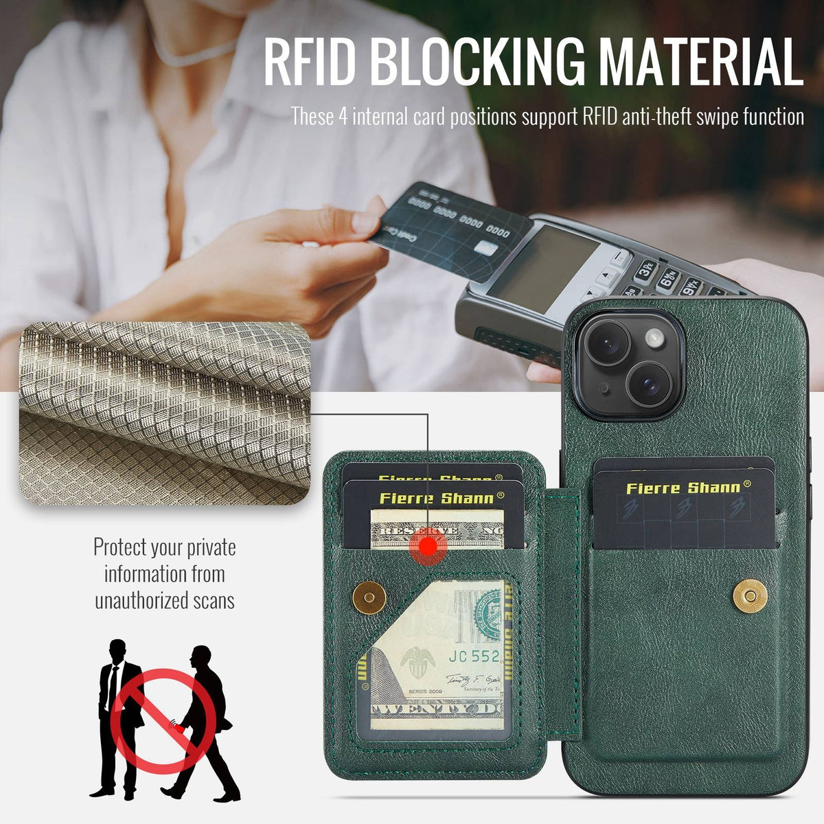 ELECTROPRIME For iPhone 15 Plus Fierre Shann Oil Wax Cow Leather Card Holder Back Phone Case(Green)