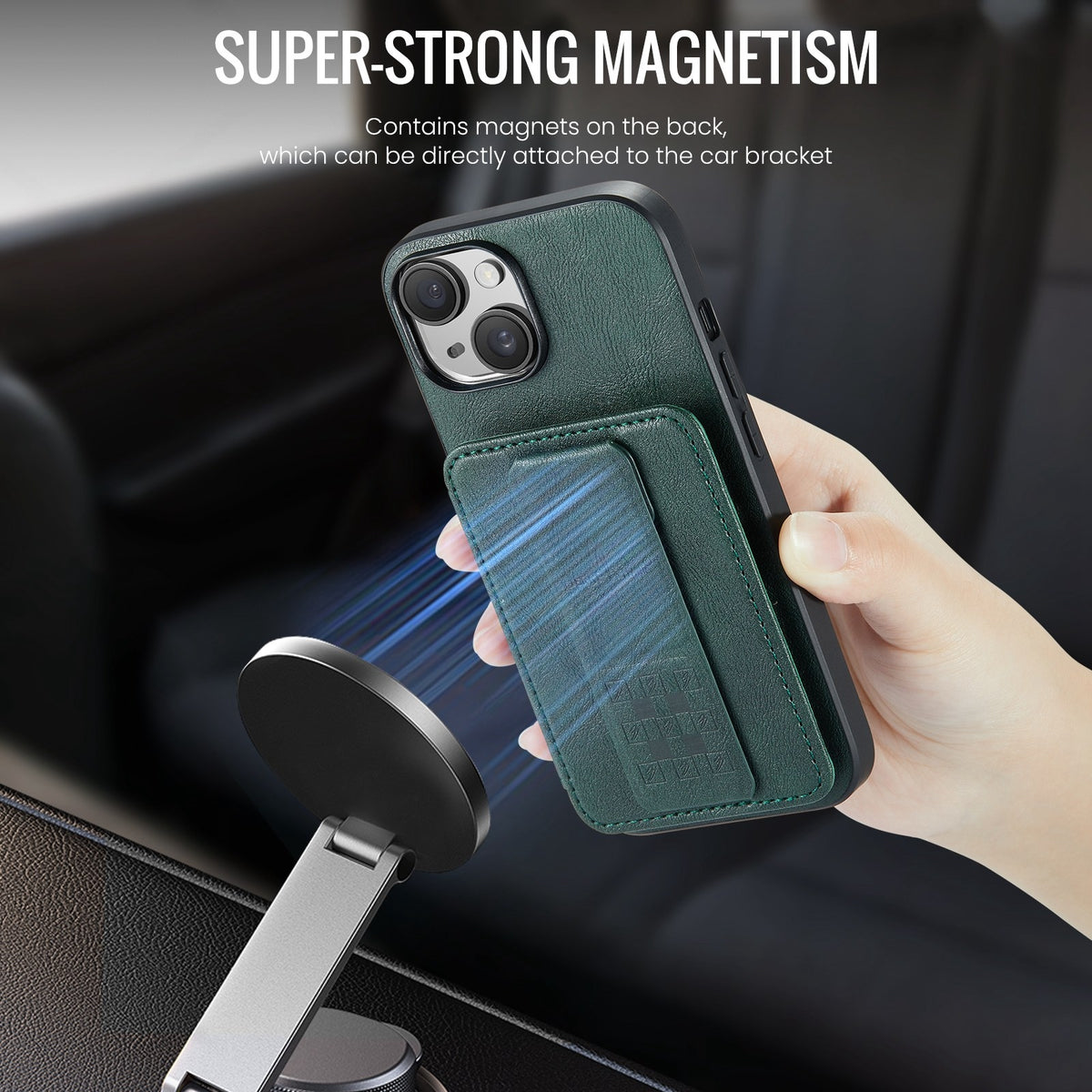 ELECTROPRIME For iPhone 15 Plus Fierre Shann Oil Wax Cow Leather Card Holder Back Phone Case(Green)