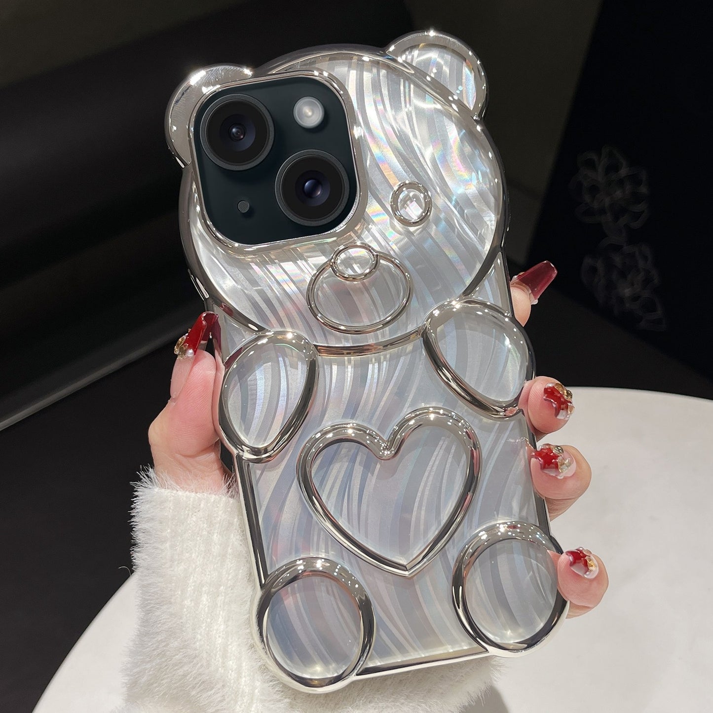 ELECTROPRIME For iPhone 15 Bear Shaped Embossed Electroplated Laser TPU Phone Case(Silver)