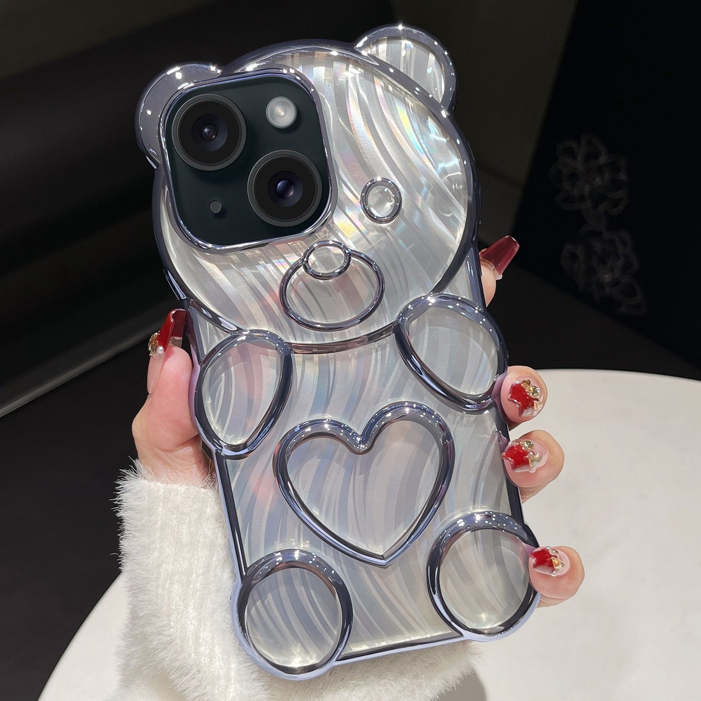 ELECTROPRIME For iPhone 15 Bear Shaped Embossed Electroplated Laser TPU Phone Case(Blue)