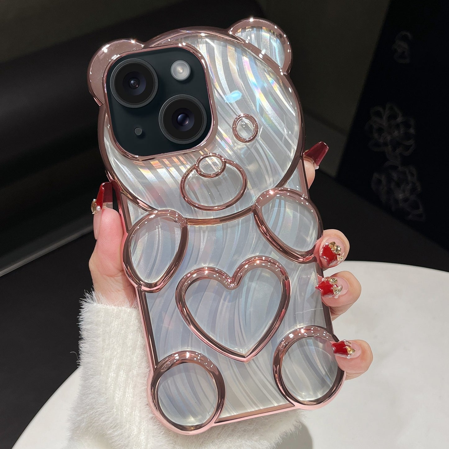 ELECTROPRIME For iPhone 15 Bear Shaped Embossed Electroplated Laser TPU Phone Case(Pink)