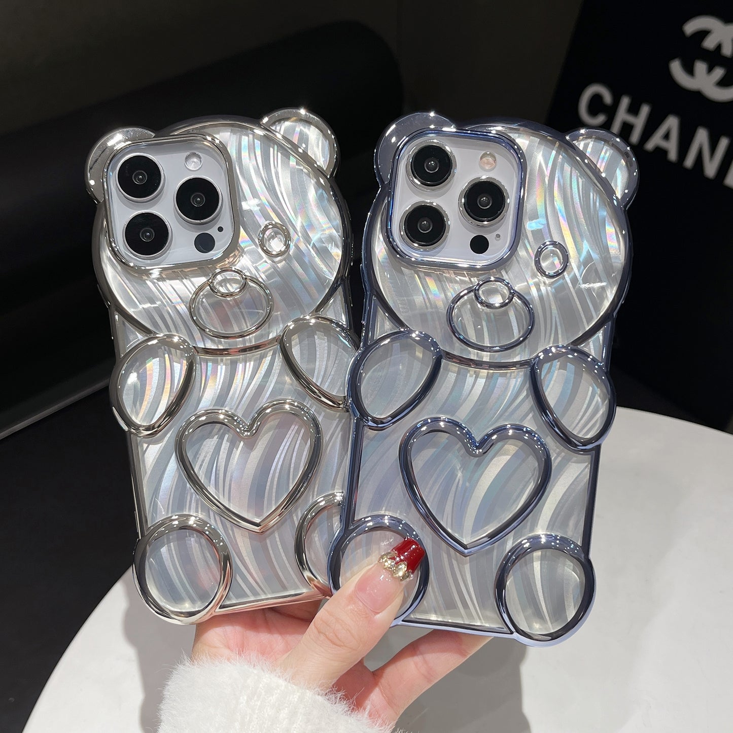ELECTROPRIME For iPhone 15 Bear Shaped Embossed Electroplated Laser TPU Phone Case(Pink)