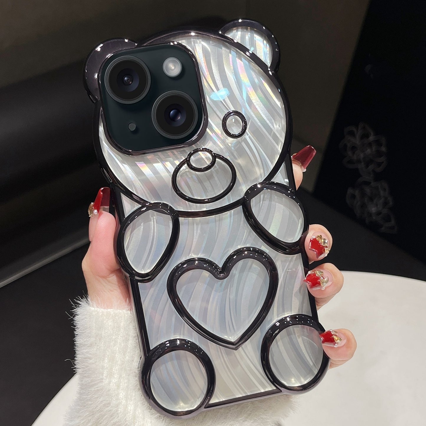 ELECTROPRIME For iPhone 15 Bear Shaped Embossed Electroplated Laser TPU Phone Case(Black)