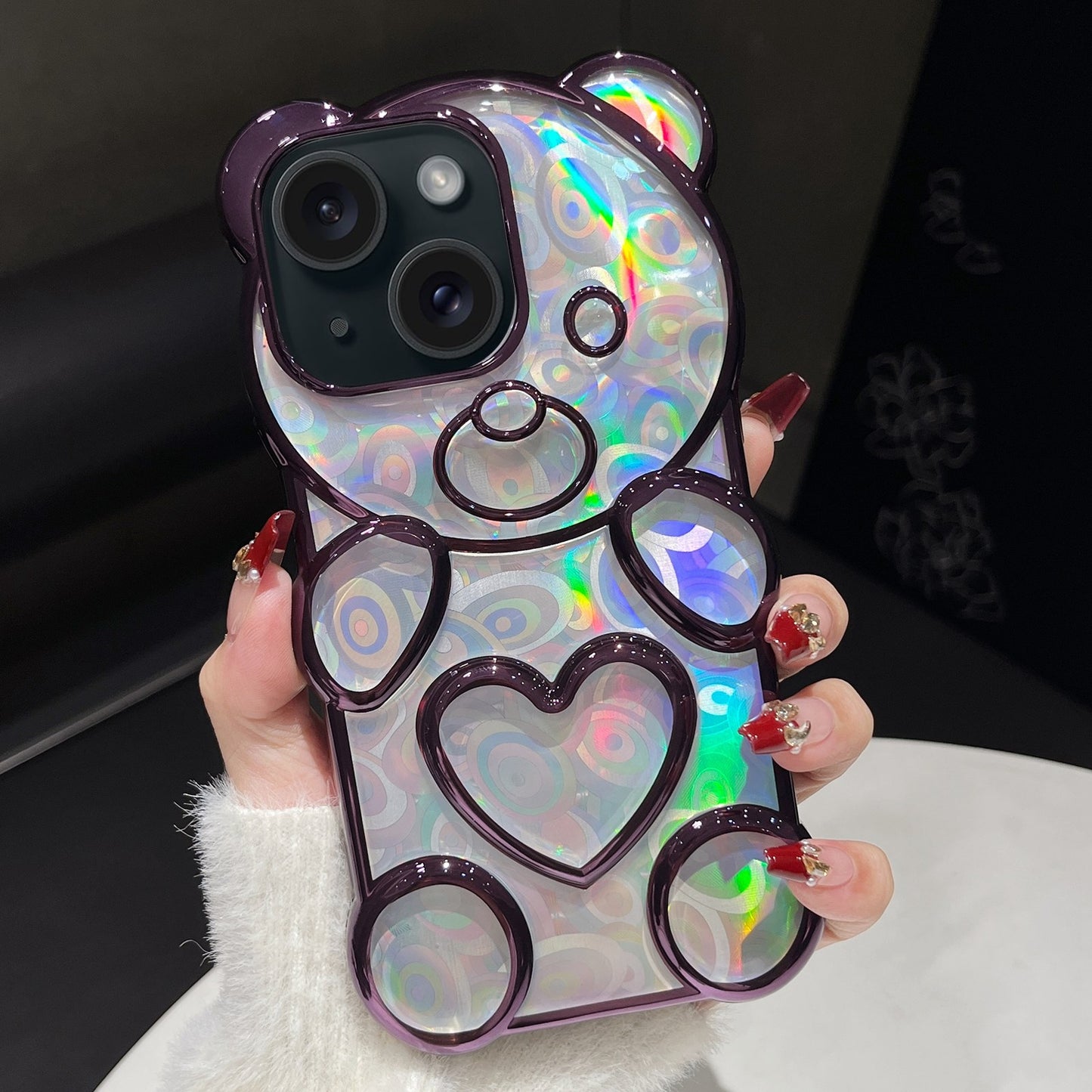 ELECTROPRIME For iPhone 15 Bear Shape Electroplated Laser TPU Phone Case(Purple)