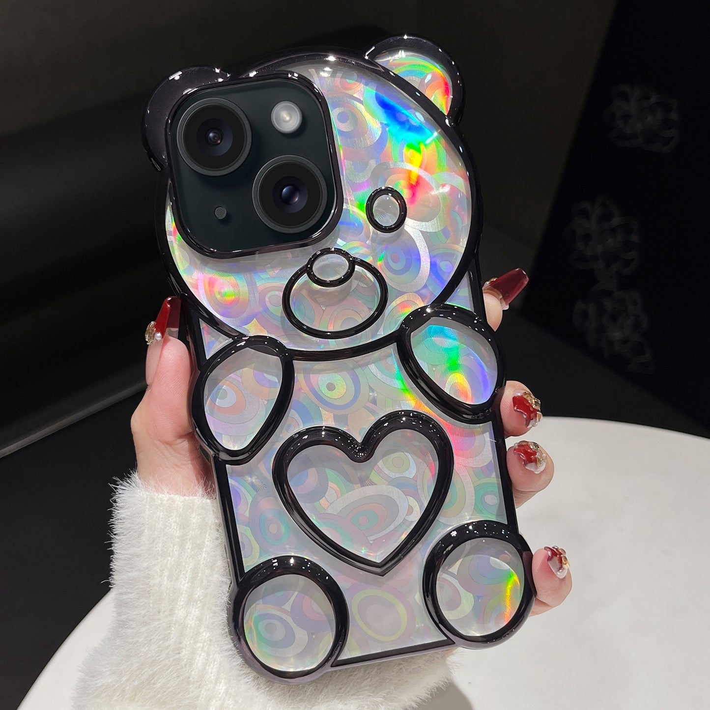 ELECTROPRIME For iPhone 15 Bear Shape Electroplated Laser TPU Phone Case(Black)