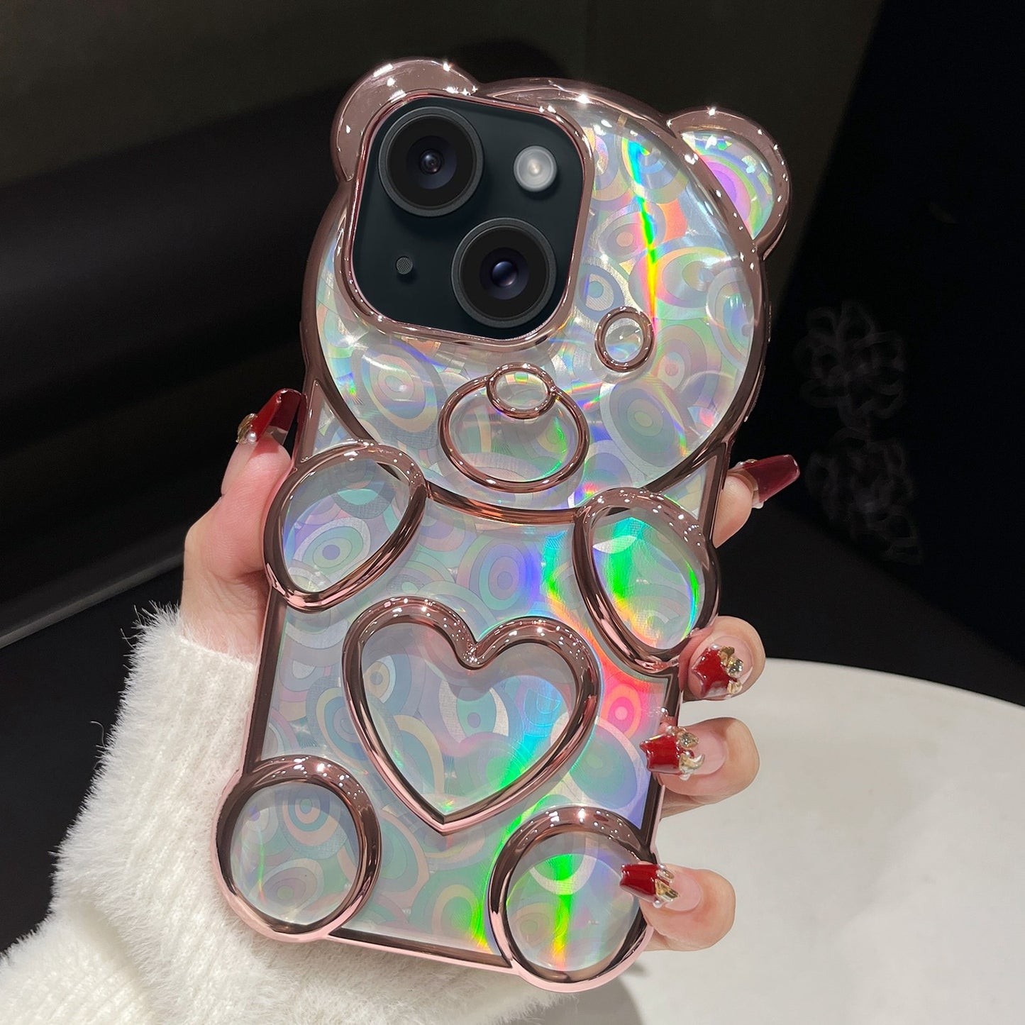 ELECTROPRIME For iPhone 15 Bear Shape Electroplated Laser TPU Phone Case(Pink)