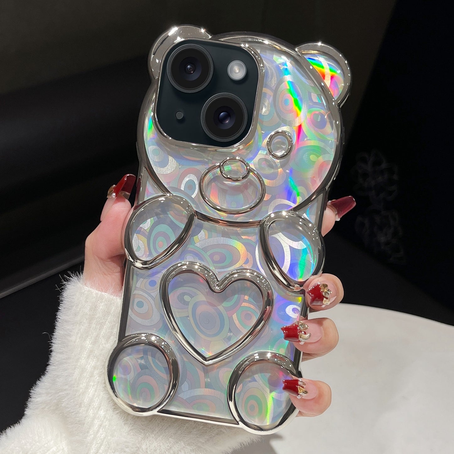 ELECTROPRIME For iPhone 15 Bear Shape Electroplated Laser TPU Phone Case(Silver)