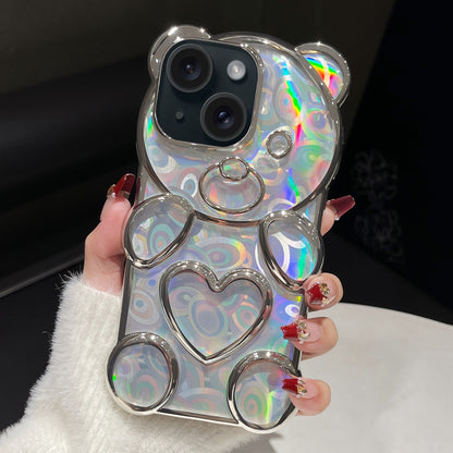 ELECTROPRIME For iPhone 15 Bear Shape Electroplated Laser TPU Phone Case(Silver)