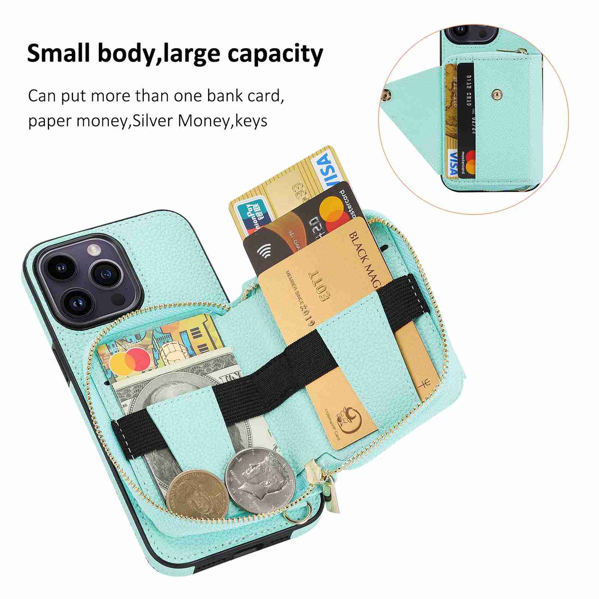ELECTROPRIME For iPhone 15 Crossbody Zipper Card Bag RFID Anti-theft Phone Case(Mint Green)