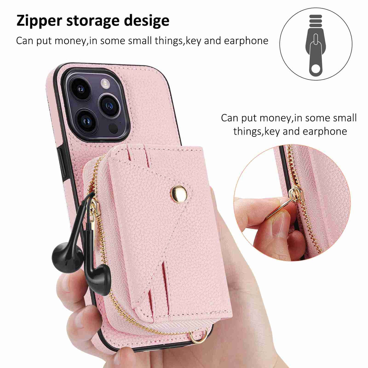 ELECTROPRIME For iPhone 15 Crossbody Zipper Card Bag RFID Anti-theft Phone Case(Pink)