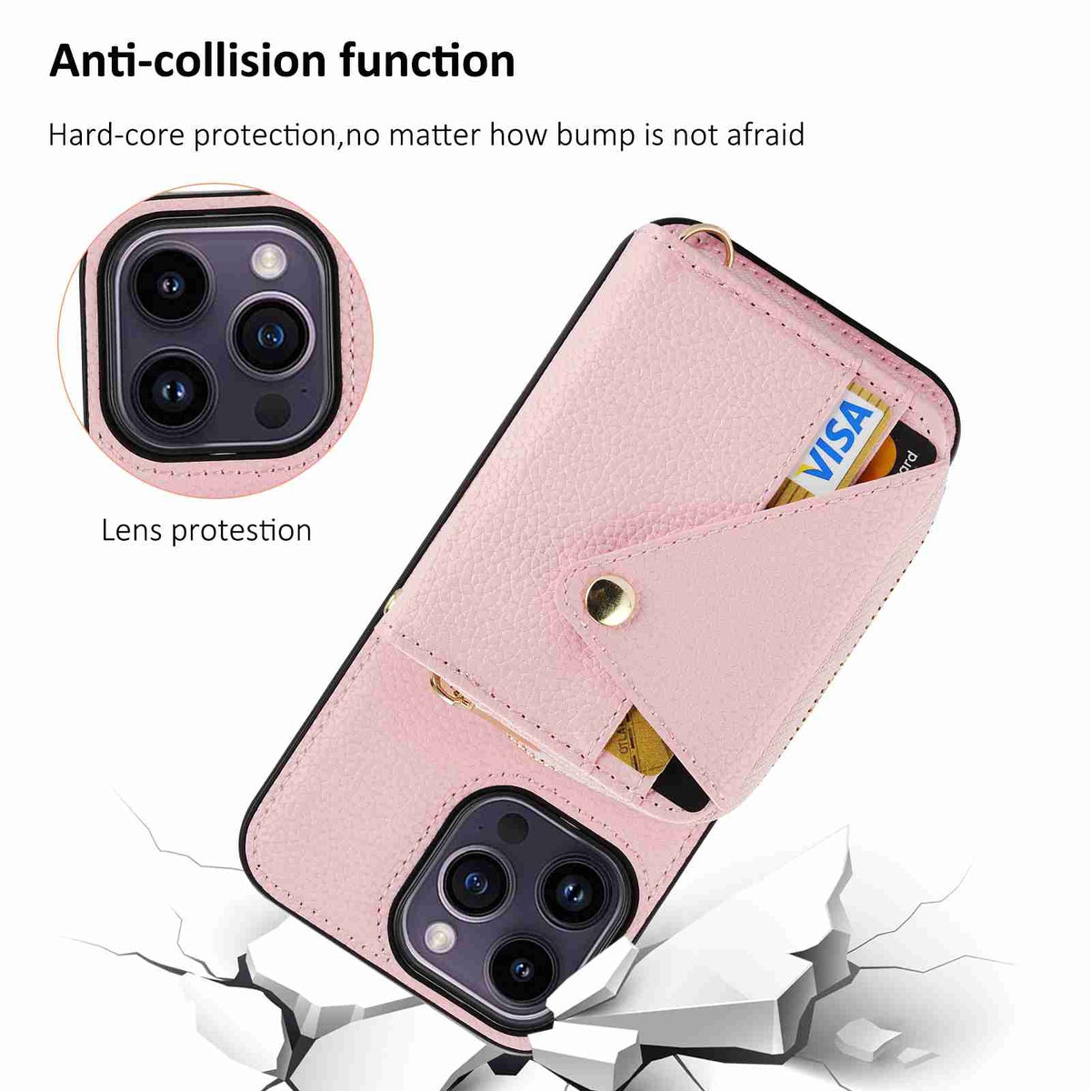 ELECTROPRIME For iPhone 15 Crossbody Zipper Card Bag RFID Anti-theft Phone Case(Pink)