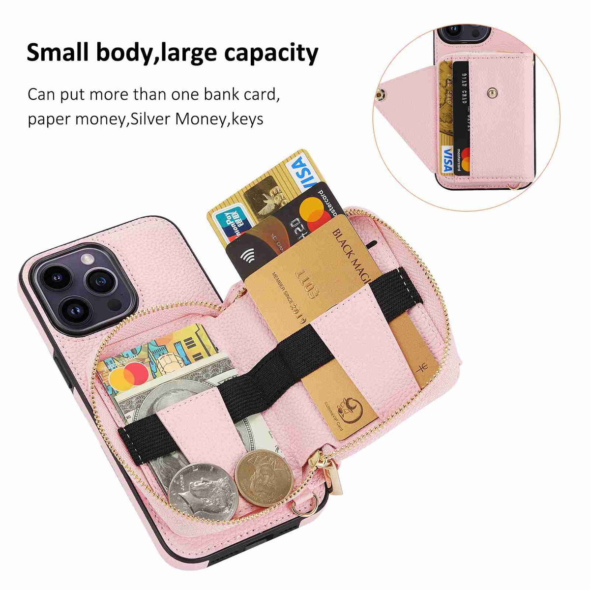 ELECTROPRIME For iPhone 15 Crossbody Zipper Card Bag RFID Anti-theft Phone Case(Pink)