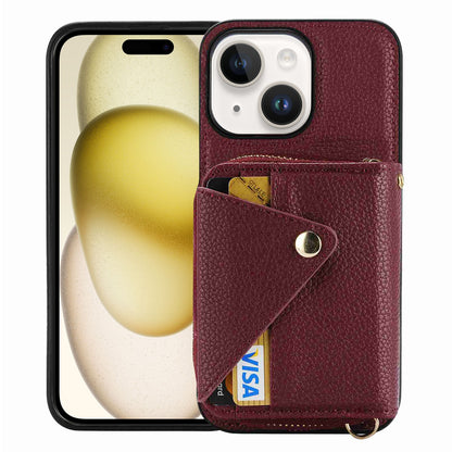ELECTROPRIME For iPhone 15 Crossbody Zipper Card Bag RFID Anti-theft Phone Case(Wine Red)