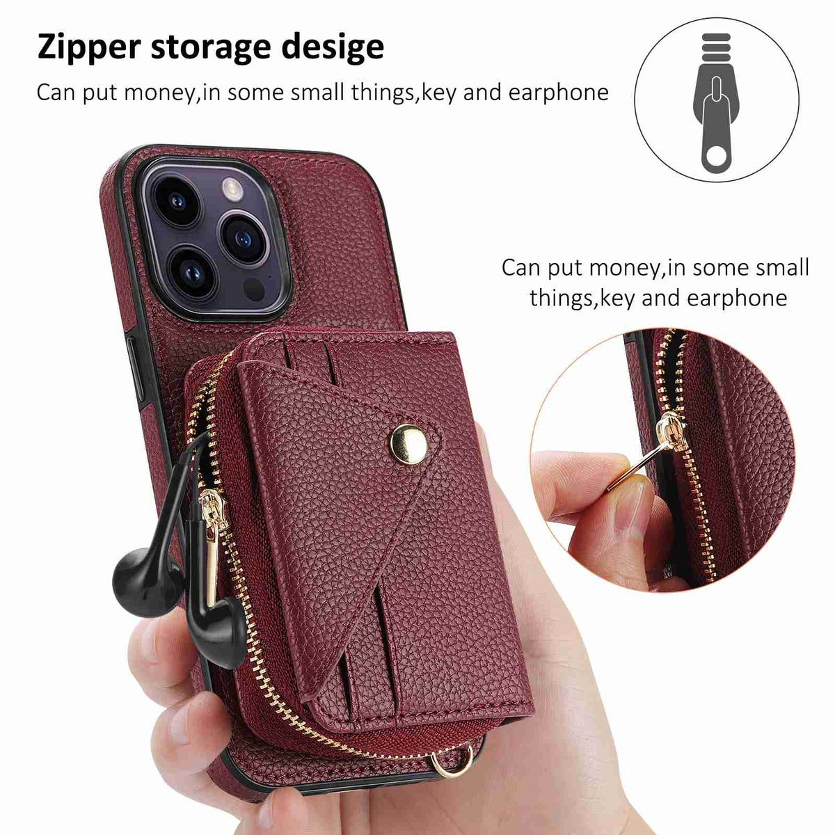 ELECTROPRIME For iPhone 15 Crossbody Zipper Card Bag RFID Anti-theft Phone Case(Wine Red)