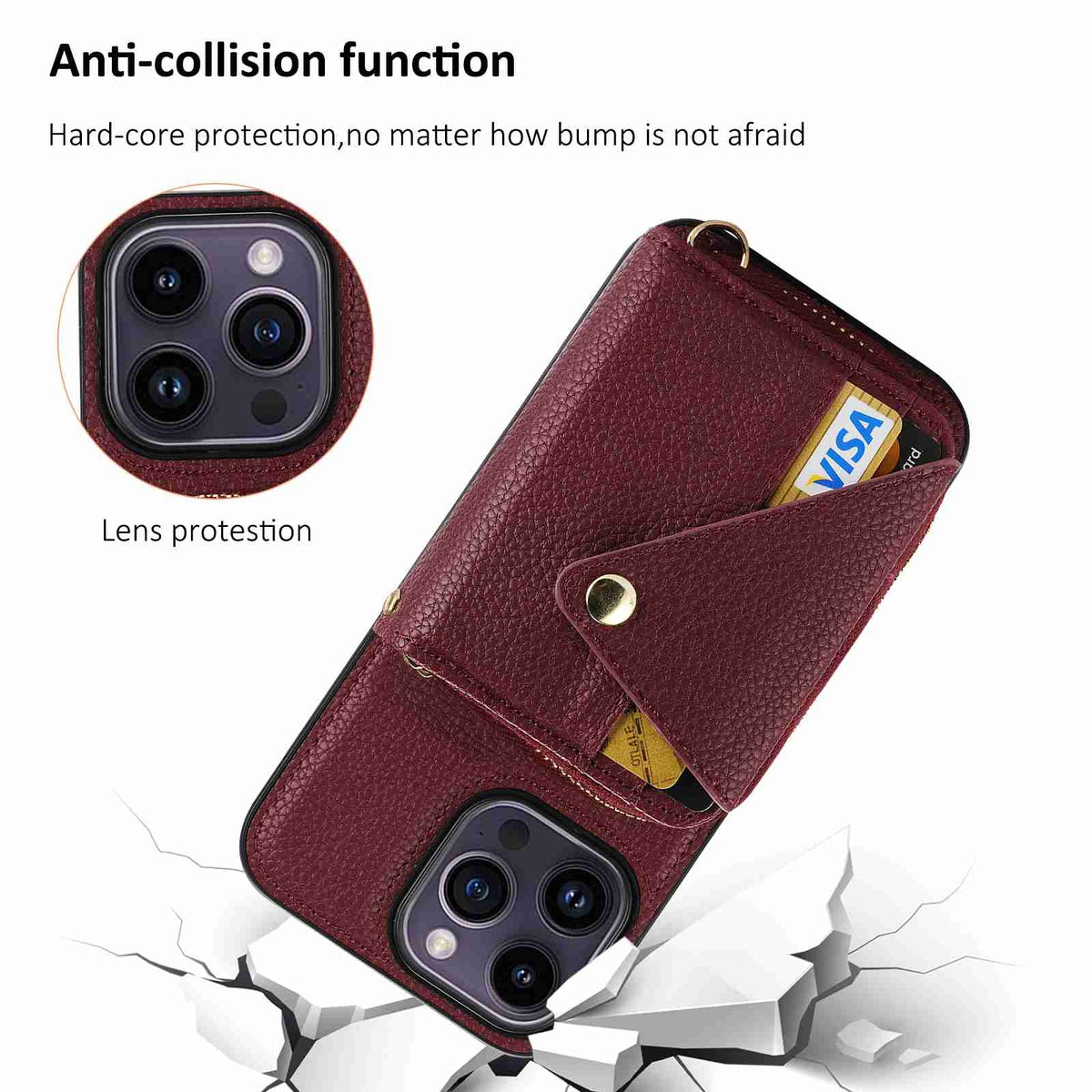 ELECTROPRIME For iPhone 15 Crossbody Zipper Card Bag RFID Anti-theft Phone Case(Wine Red)