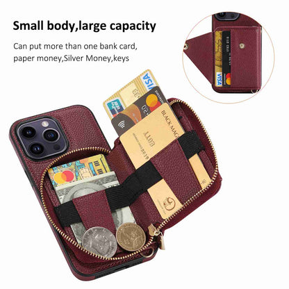 ELECTROPRIME For iPhone 15 Crossbody Zipper Card Bag RFID Anti-theft Phone Case(Wine Red)