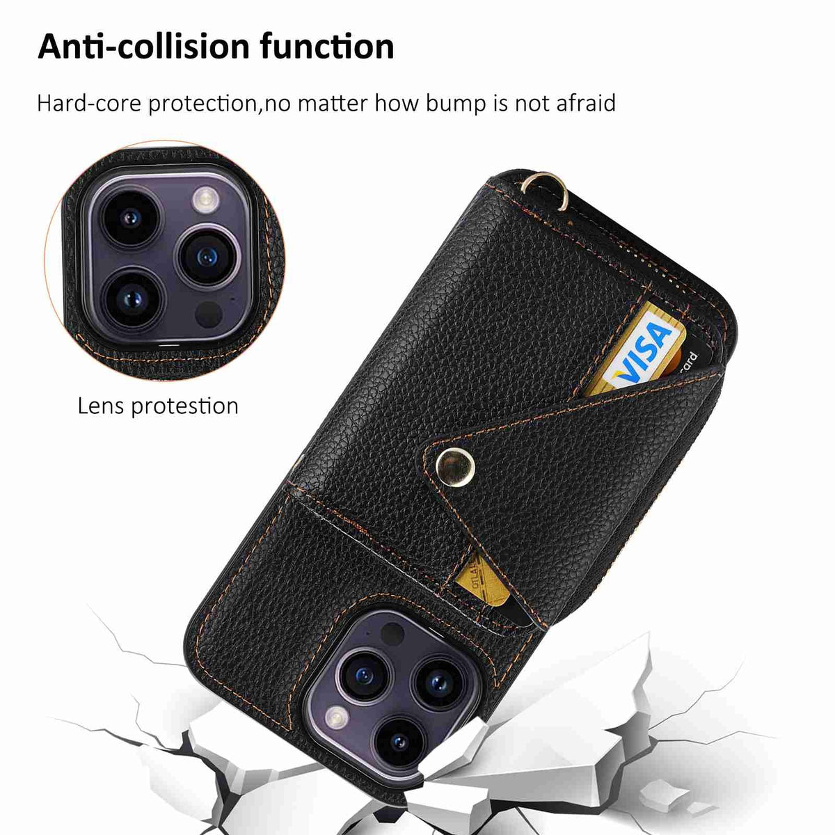 ELECTROPRIME For iPhone 15 Crossbody Zipper Card Bag RFID Anti-theft Phone Case(Black)