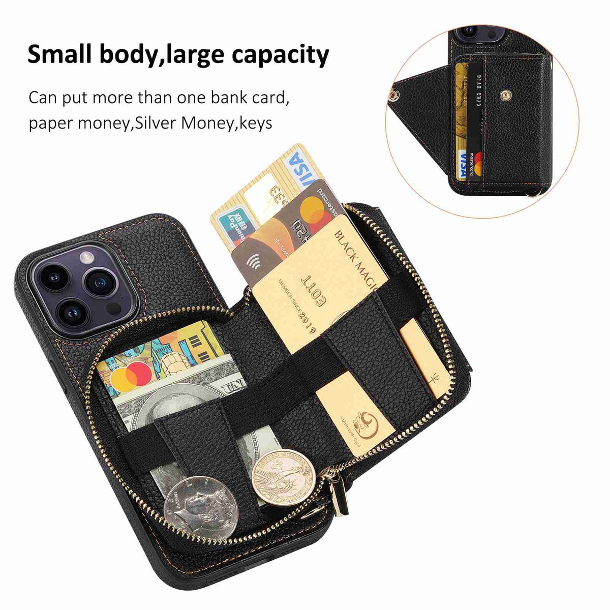 ELECTROPRIME For iPhone 15 Crossbody Zipper Card Bag RFID Anti-theft Phone Case(Black)