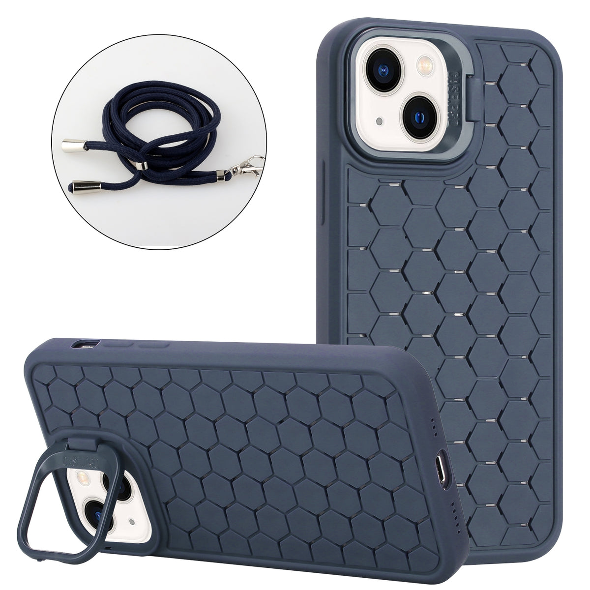 ELECTROPRIME For iPhone 15 Plus Honeycomb Radiating Lens Holder Magsafe Phone Case with Lanyard(Blue)