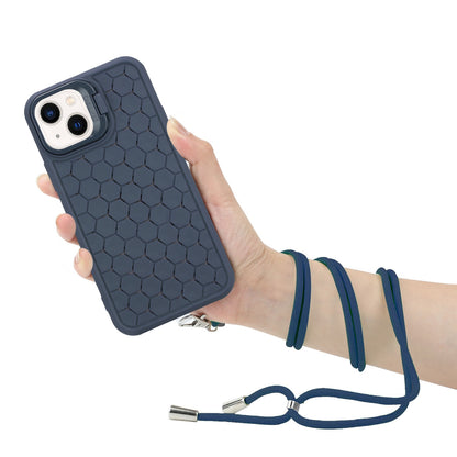 ELECTROPRIME For iPhone 15 Plus Honeycomb Radiating Lens Holder Magsafe Phone Case with Lanyard(Blue)