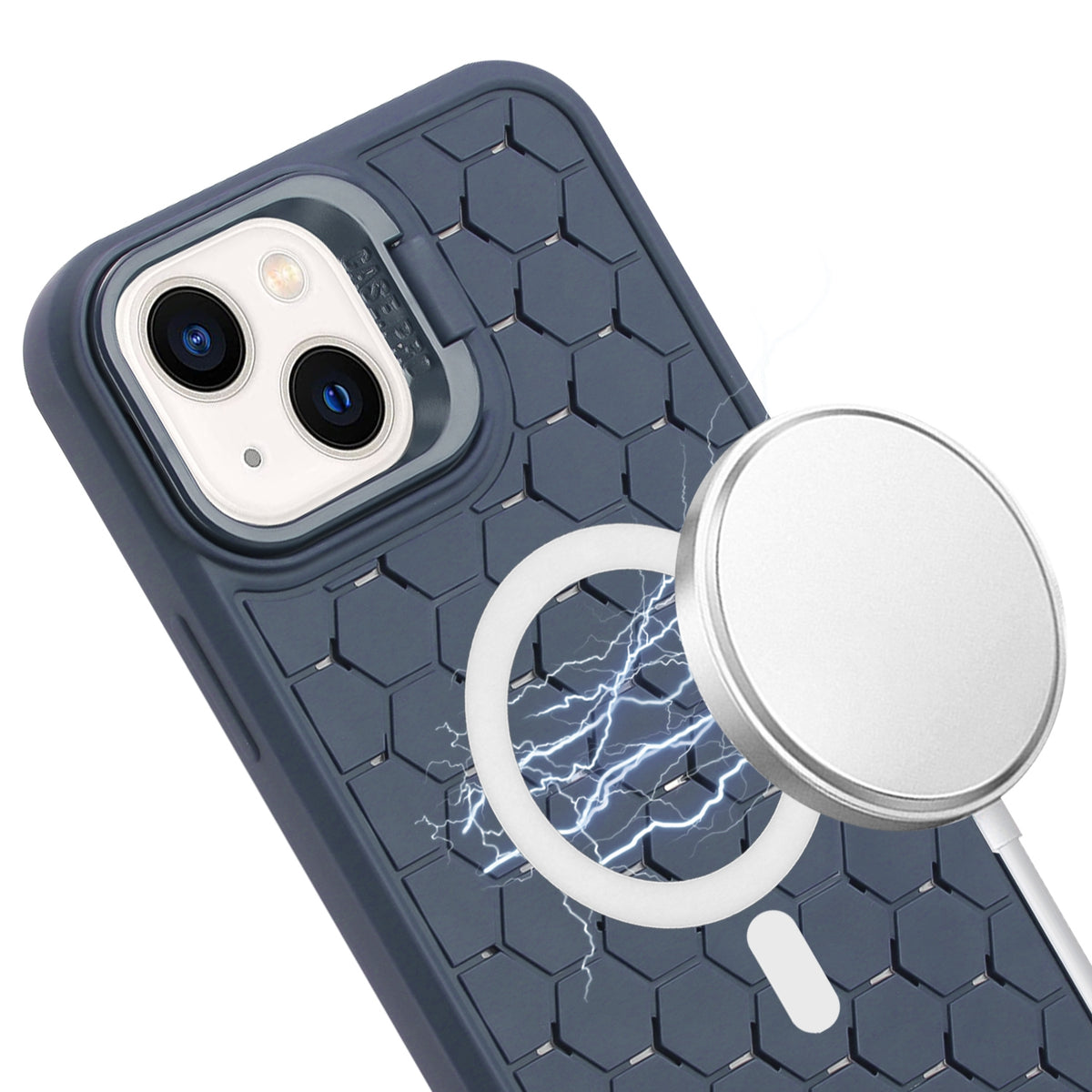 ELECTROPRIME For iPhone 15 Plus Honeycomb Radiating Lens Holder Magsafe Phone Case with Lanyard(Blue)