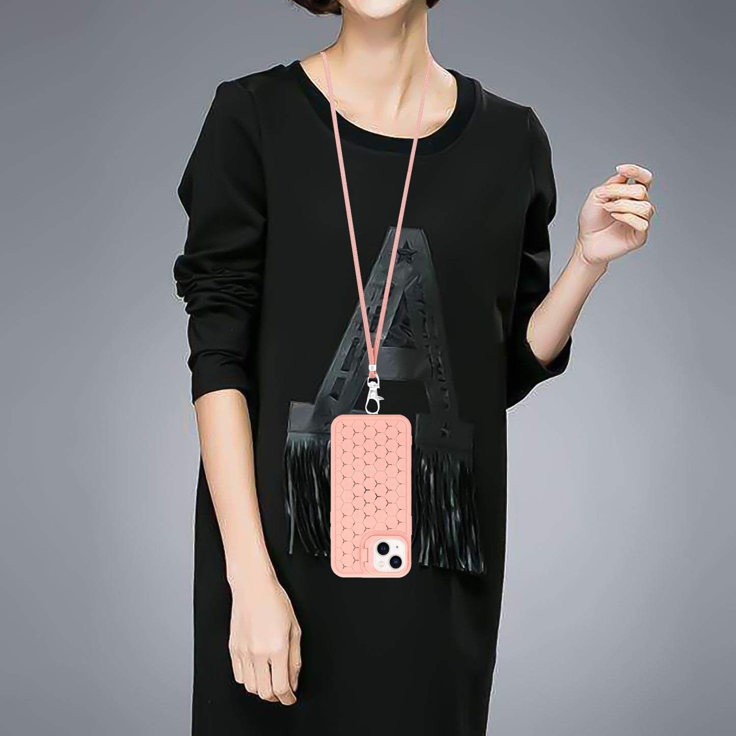 ELECTROPRIME For iPhone 15 Honeycomb Radiating Lens Holder Magsafe Phone Case with Lanyard(Pink)