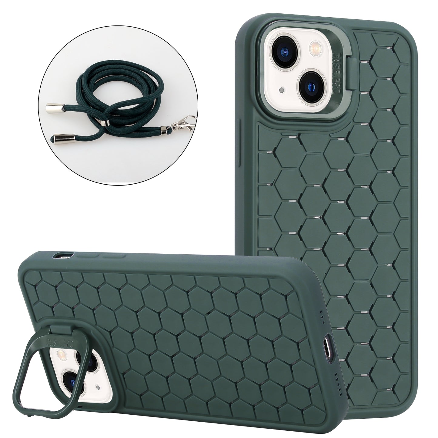 ELECTROPRIME For iPhone 15 Honeycomb Radiating Lens Holder Magsafe Phone Case with Lanyard(Green)
