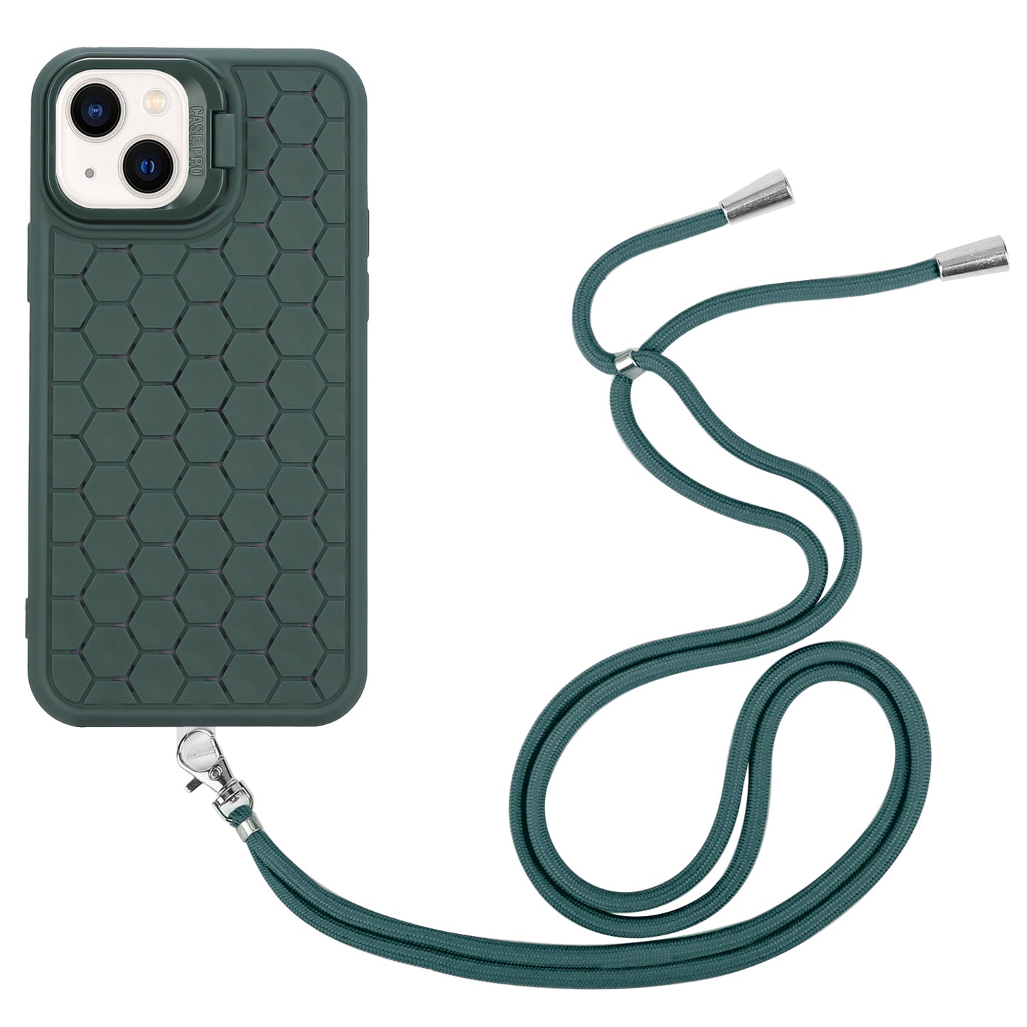 ELECTROPRIME For iPhone 15 Honeycomb Radiating Lens Holder Magsafe Phone Case with Lanyard(Green)