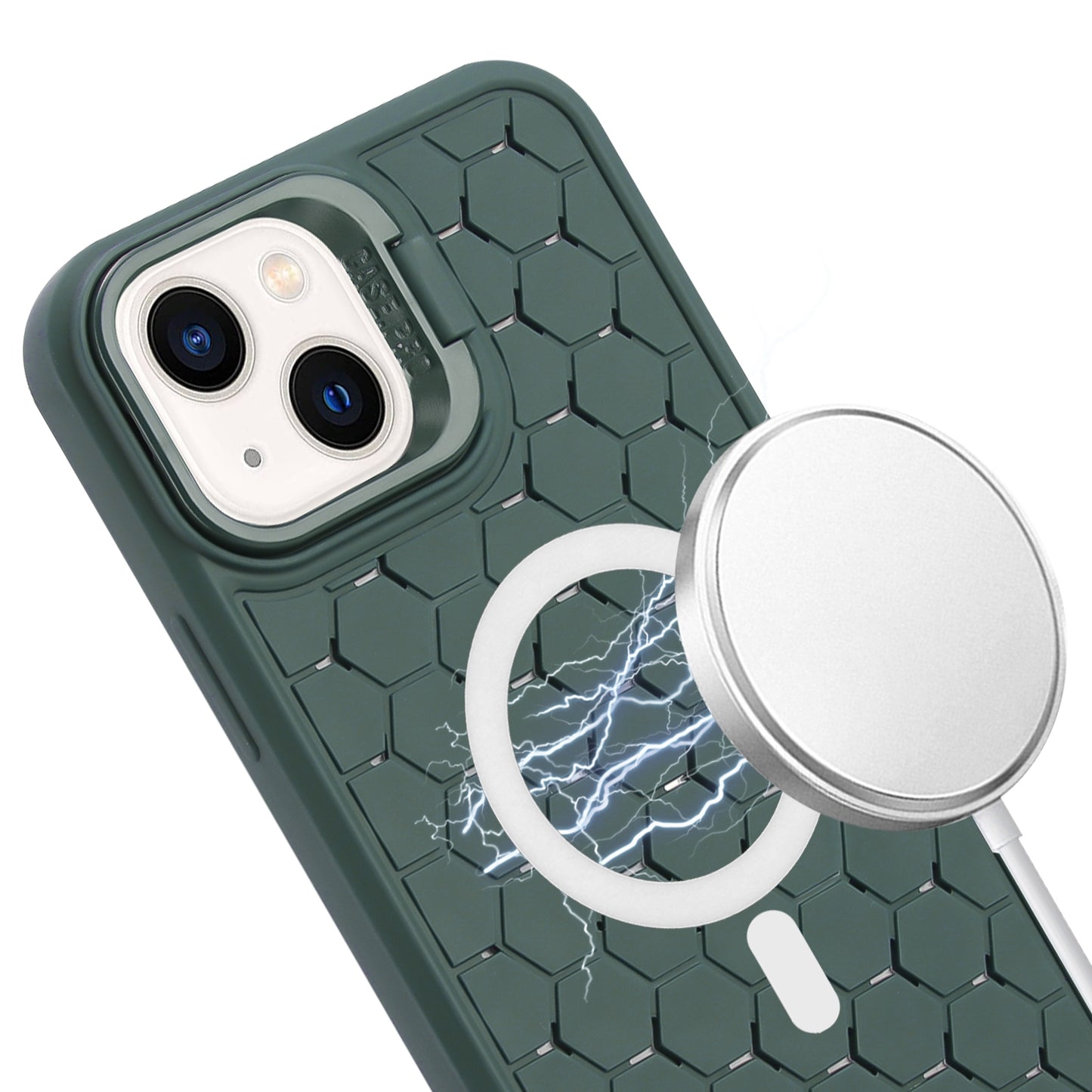 ELECTROPRIME For iPhone 15 Honeycomb Radiating Lens Holder Magsafe Phone Case with Lanyard(Green)